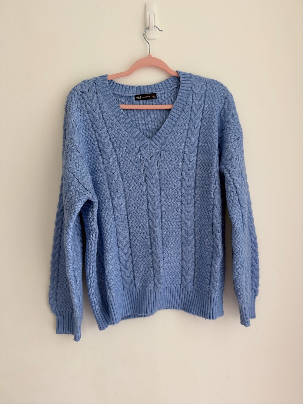 Marks & Spencer Lavender Blue Cable V-Neck Sweater - Picture 2 of 4
